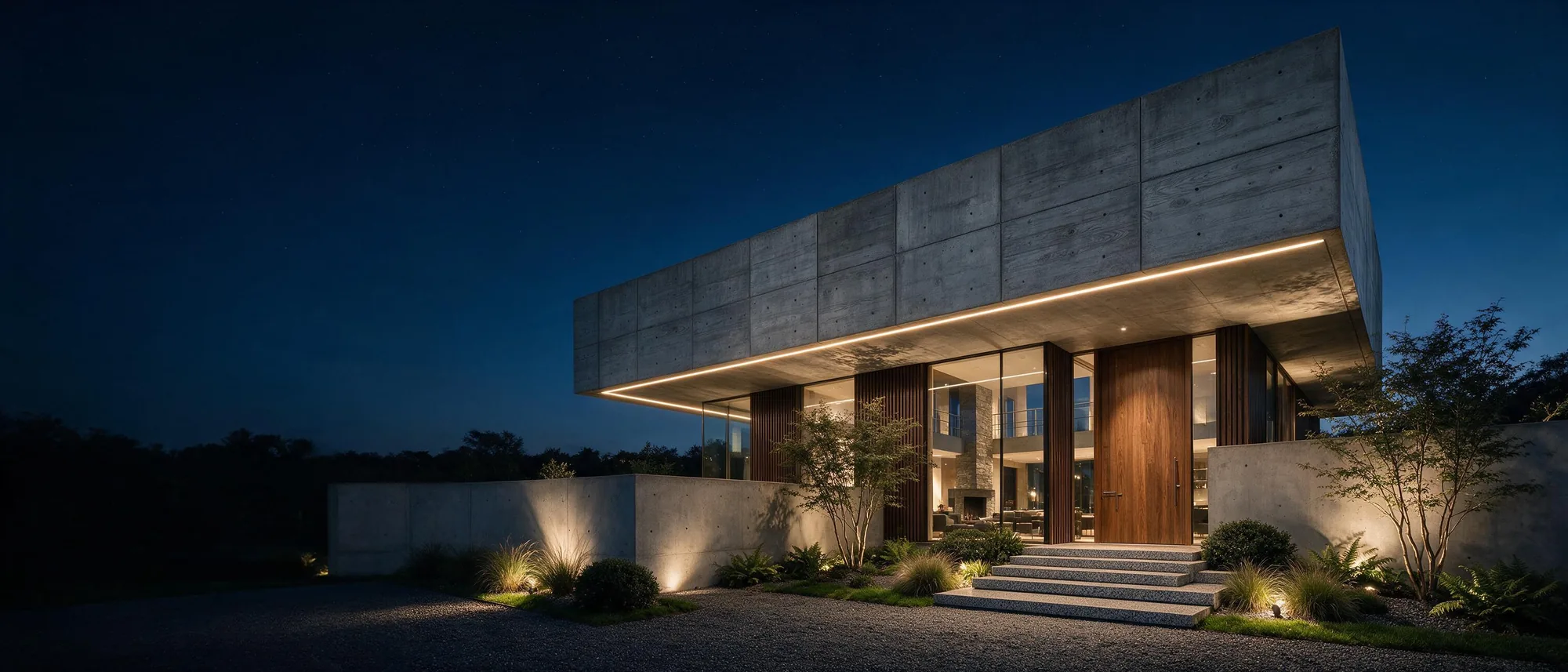 Fachada de casa contemporânea em concreto aparente com iluminação linear